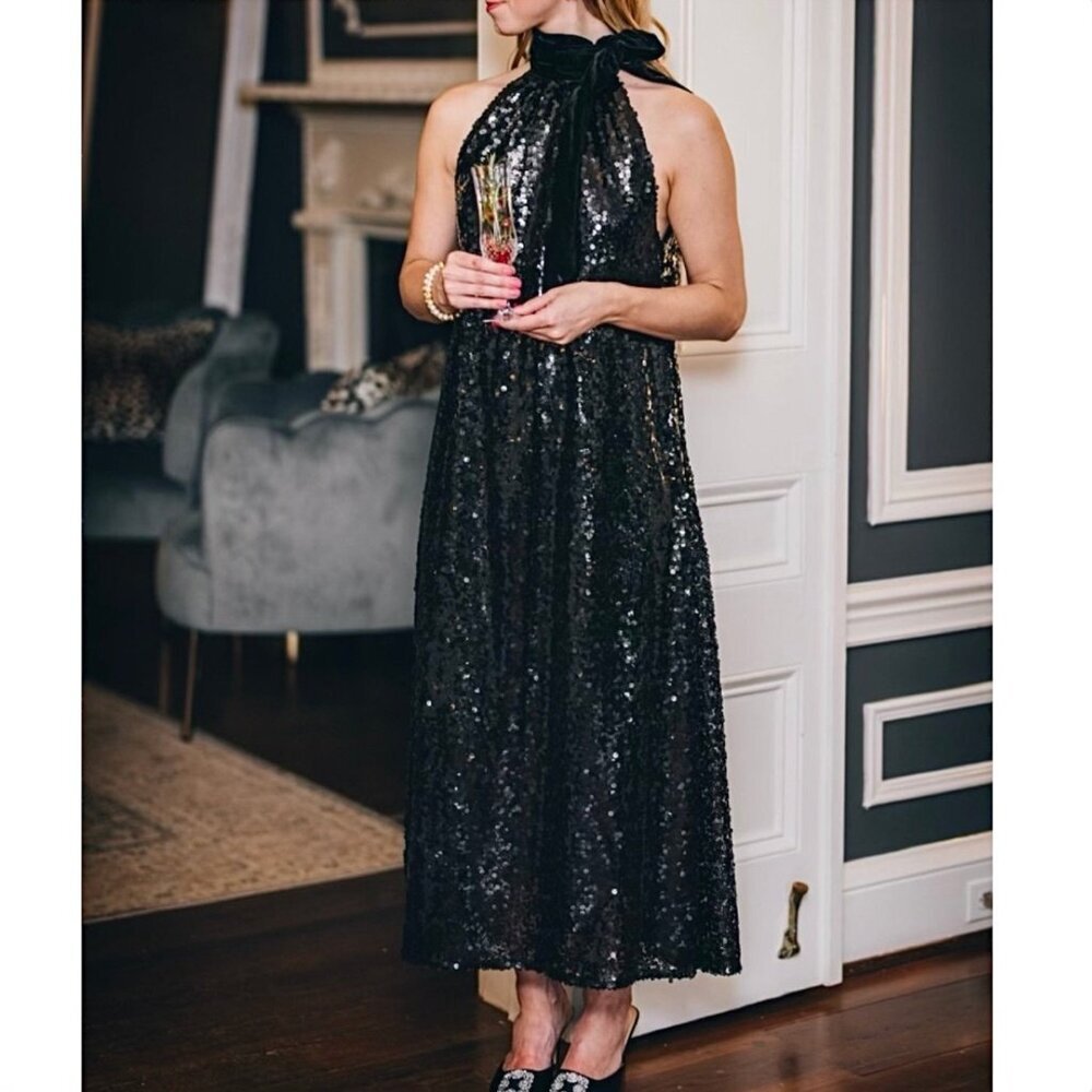 Black Sequin Halter Maxi Dress